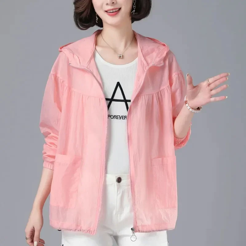 Loose Summer Thin Coat Women\'s Sun Protection Clothing 2022 New Fashion Mom Hooded Big Pocket Wild Jacket Female Outerwear