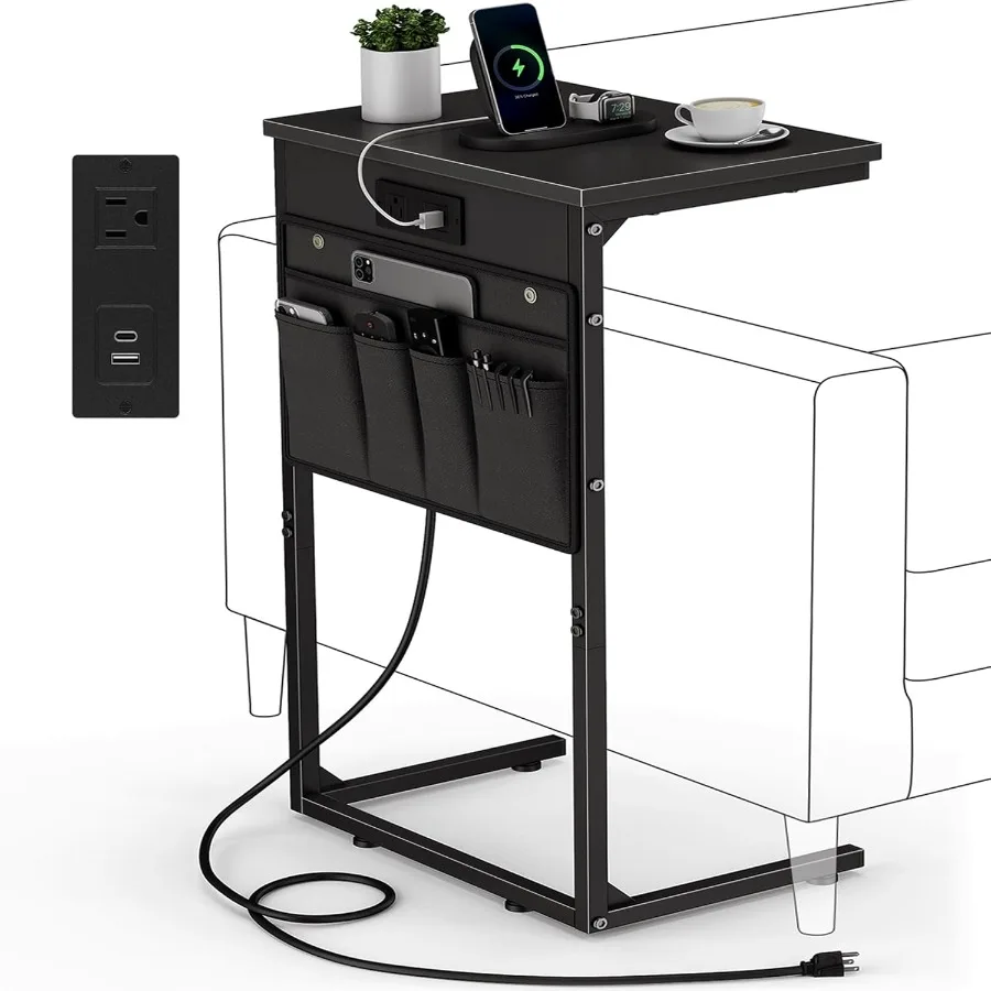 

C Shaped End Table with Charging Station 28 Tall Side Table for Couch Sofa Table Small Couch Side Coffee Tables Slide Under Sof