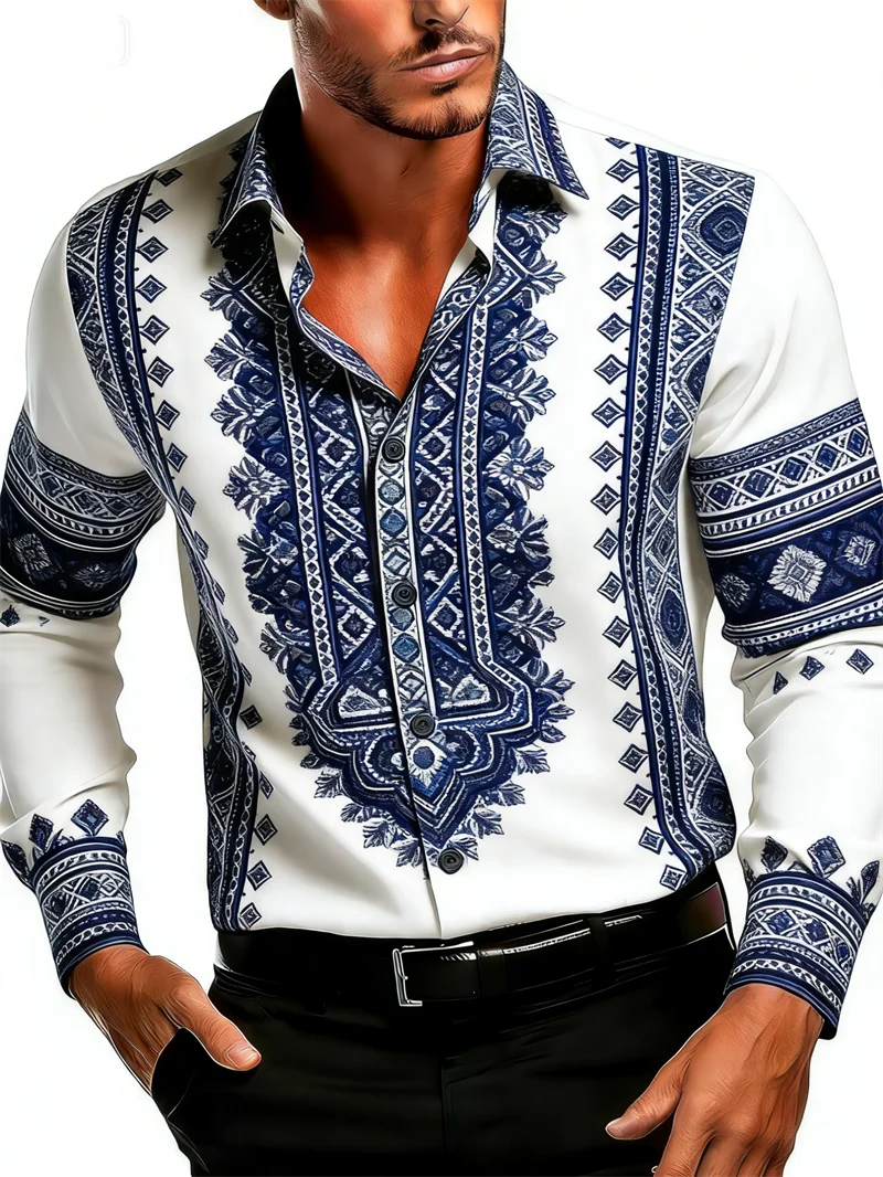 

New men's casual 3D printed shirt with ethnic style pattern, fashionable and casual long sleeved collar shirt top