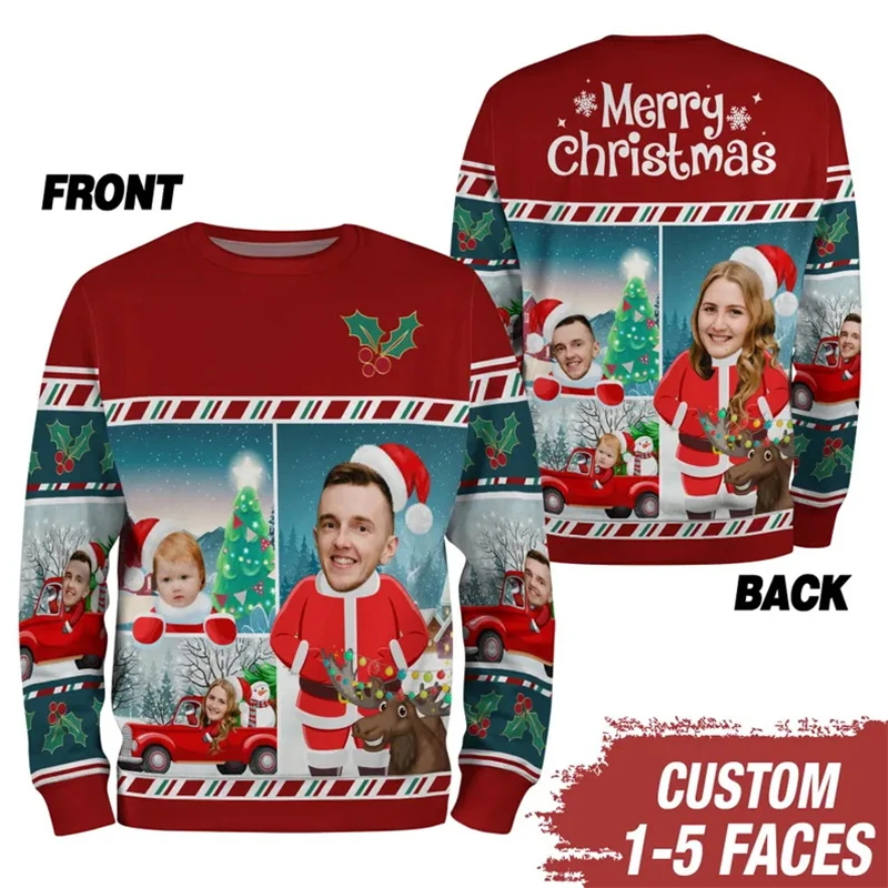 Custom Faces Funny Christmas Sweatshirt Unisex 3D Print Personalized Photo Ugly Sweater Crewneck Long Sleeve Holiday Xmas Gift