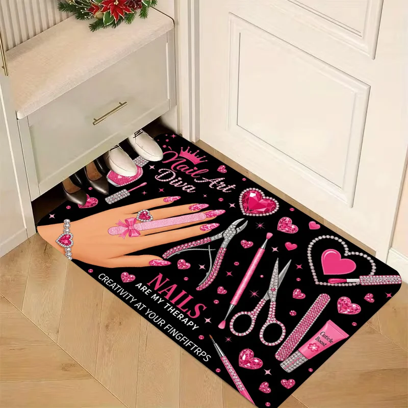 Nail Art Diva Doormat 2D Flat Printed Pink Rhinestone Heart Manicure Tools Floor Rug for Nail Salon Entryway Home Decor
