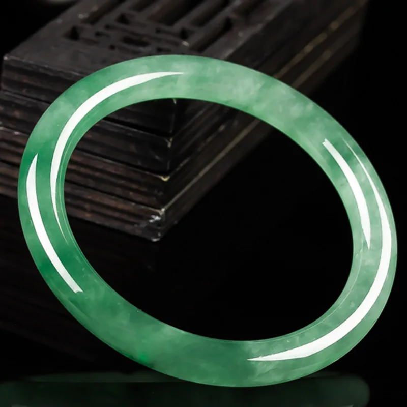 Natural Burmese Old Mine Bracelet, Ice-Waxy Type, Dark with Flower Patterns, Light Sunlight Green Jadeite