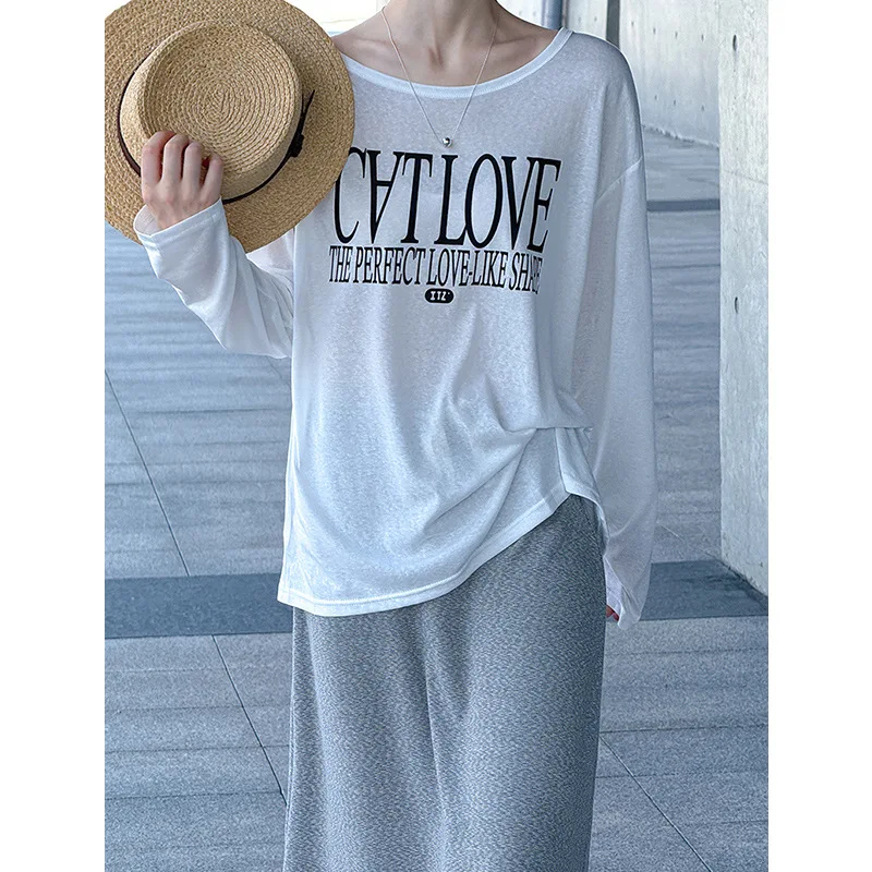 

Summer New Women's Long Sleeve Sunscreen Hoodie Lazy Style Thin Casual Loose Letter Round Neck Clothes 2025 New