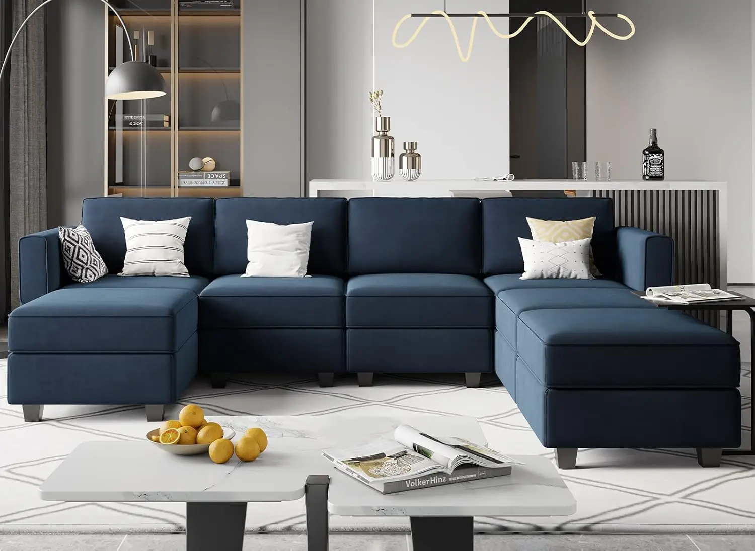 Modular Sectional Sofa U Shaped Sectional Couch with Reversible Chaises Velvet Modular Sofa with Storage Seat Blue