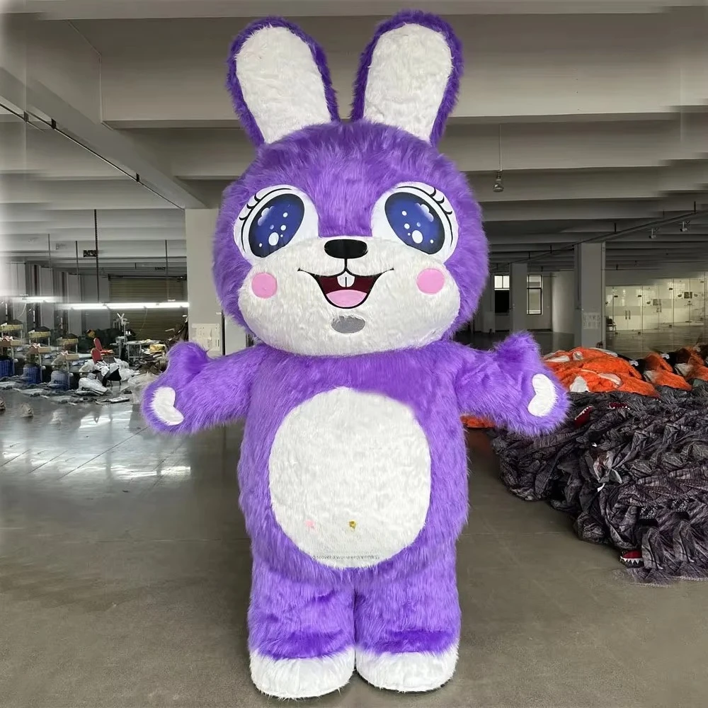 Lila Aufblasbares Flauschiges Hasen-Maskottchen-Kostüm Ganzkörper-Laufkostüm Aufblasbarer Hase Verkleidung Ohne Batterie