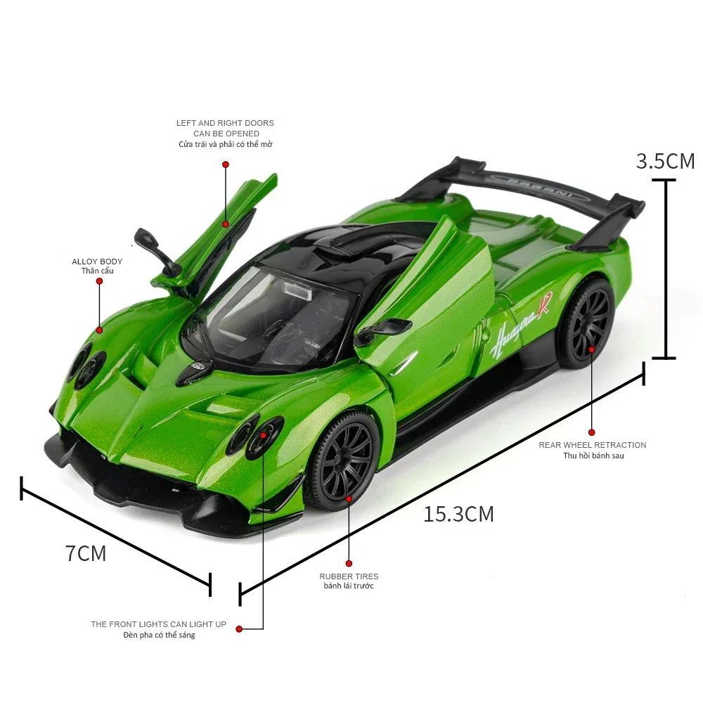 

Huayra R Суперкар из сплава, модель автомобиля 1:32, звук и свет, детская игрушка, коллекционные предметы, подарок на день рождения