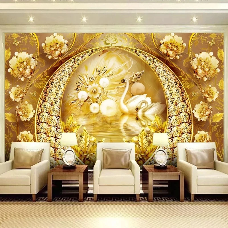 Custom 3D Wallpaper Swan Lake Golden Jewelry Diamond Flower Luxury Living room sofa TV background wall bedroom restaurant Hotel