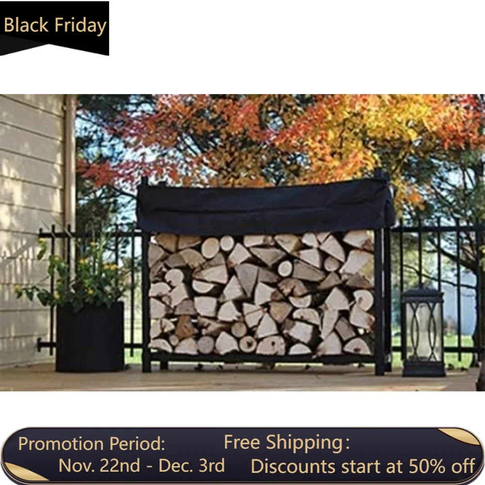 5 Foot Black Made in the USA 1/4 Cord Plus Firewood Storage Log Rack With Seasoning Cover Combo Set Indoor Outdoor Metal