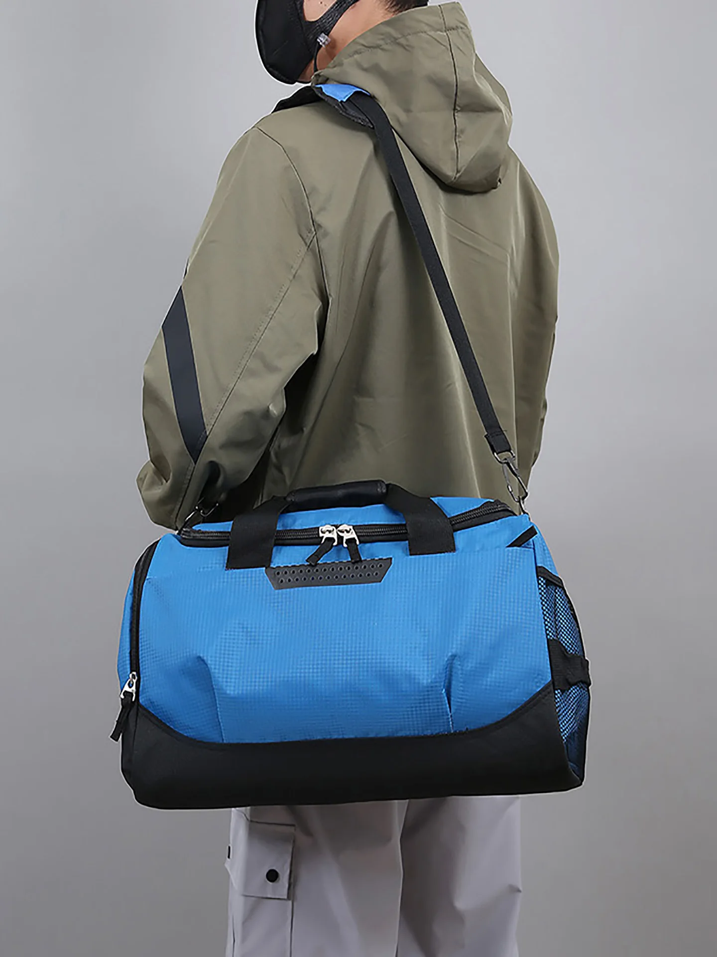 large-capacity-travel-bag-men's-blue-short-trip-business-trip-luggage-bag-with-rod-wet-and-dry-separation-additional-bag-trendy