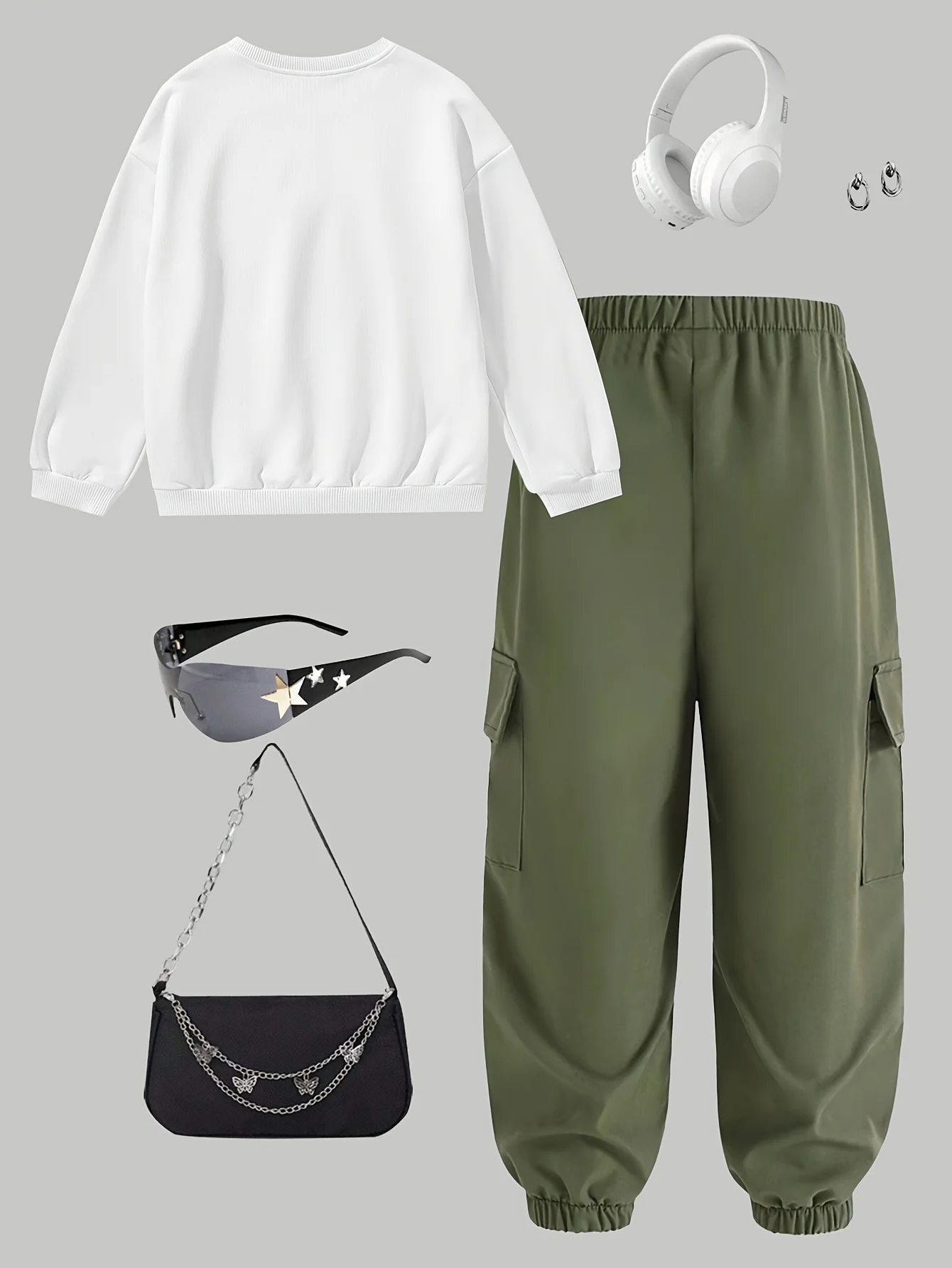 Girls' Autumn Outfit Set: Regular Long-Sleeve Top + Green Military Green Jogger Cargo Pants, Children's Printed Sweatshirt Set Suitable for Kids over 3 Years Old, Versatile Clothing for Home and Outings