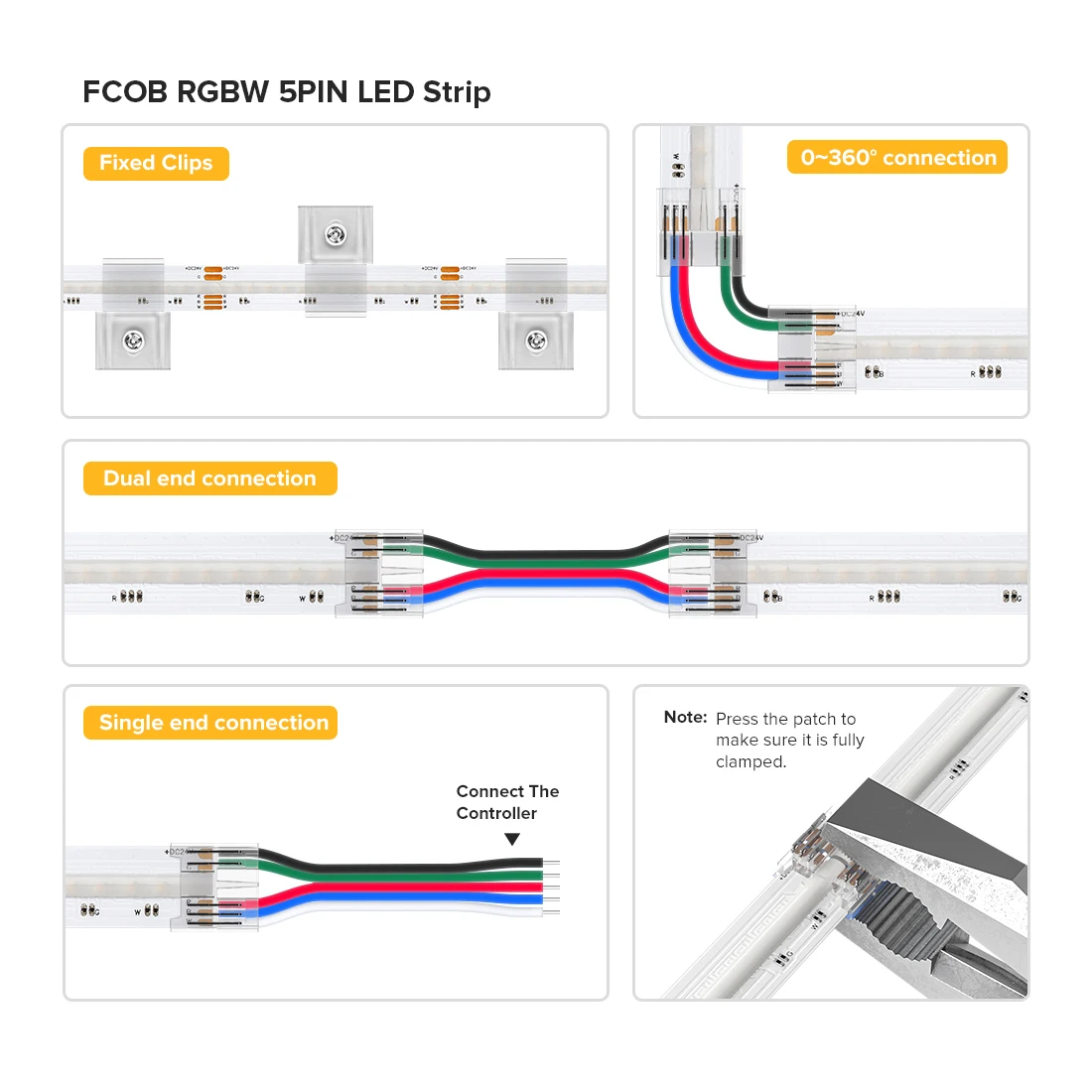 FCOB RGBW LED Strip Light 5pin 12mm DC12V 24V 896 LED Flexible FOB RGBCW COB RGBWW Lights High Density RA90 Linear Dimmable 16W