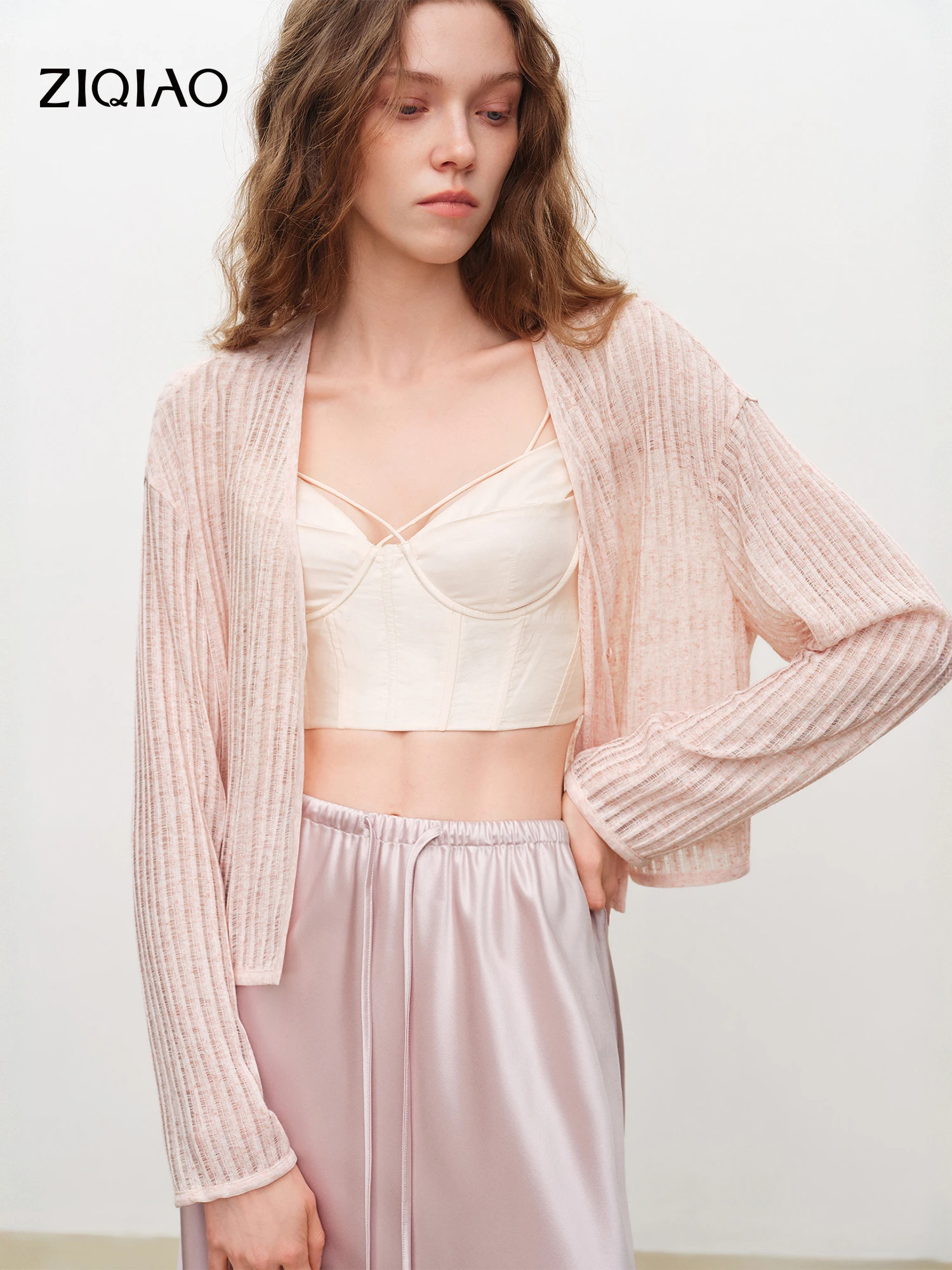 ZIQIAO 2026 Cárdigan Corto de Verano para Mujer con Cuello en V y Diseño Calado, Chaqueta de Punto Calado de Manga Larga para un Estilo Coquette Diario