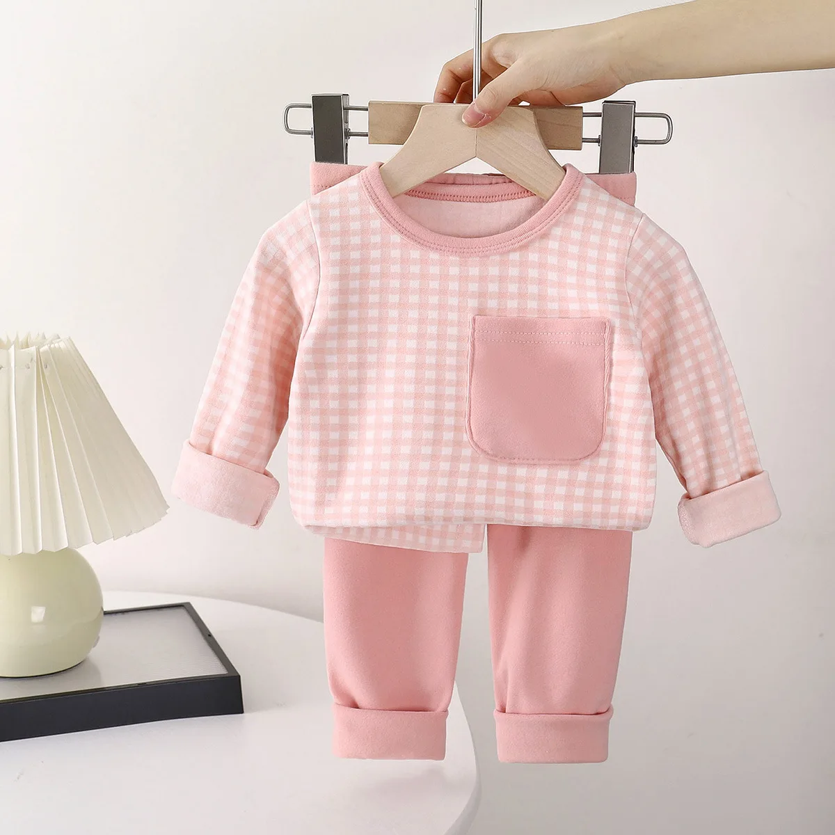 Children Plaid Underwear Set Boy Girl Autumn Fleece Pajamas Long Sleeve Homewear Sleepwear Elastic Soft Thermal Pants Loungewear