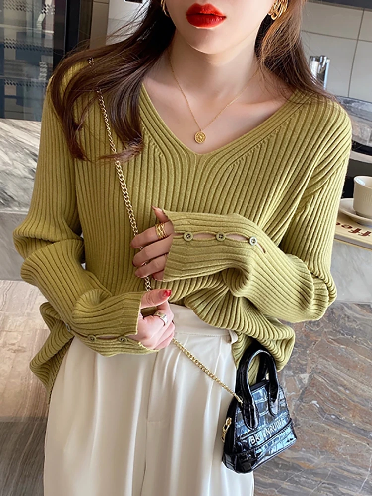 Autumn Winter Women Sweaters Long Sleeve Knitted V Neck Button Pullover Sweater Femme Basic Solid Jersey Tops Fashion Clothes