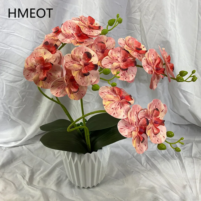 2 Branch Orchid With Leaf Artificial Flower Phalaenopsis Fake Potted Plant Wedding Flower Arrangement Props Home Interior Decory