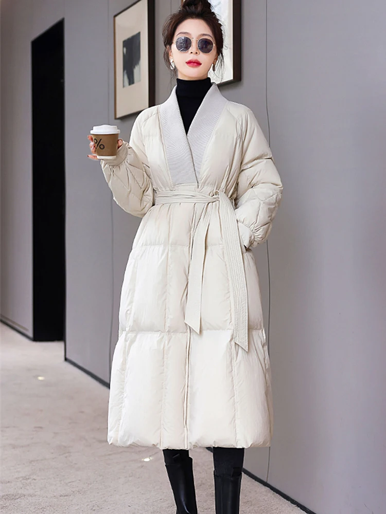 

Winter Big V-neck Long Lace Up Down Jacket Women White Duck Down Parker Knee Length Jackets Female Thicken Warm Loose Outwears