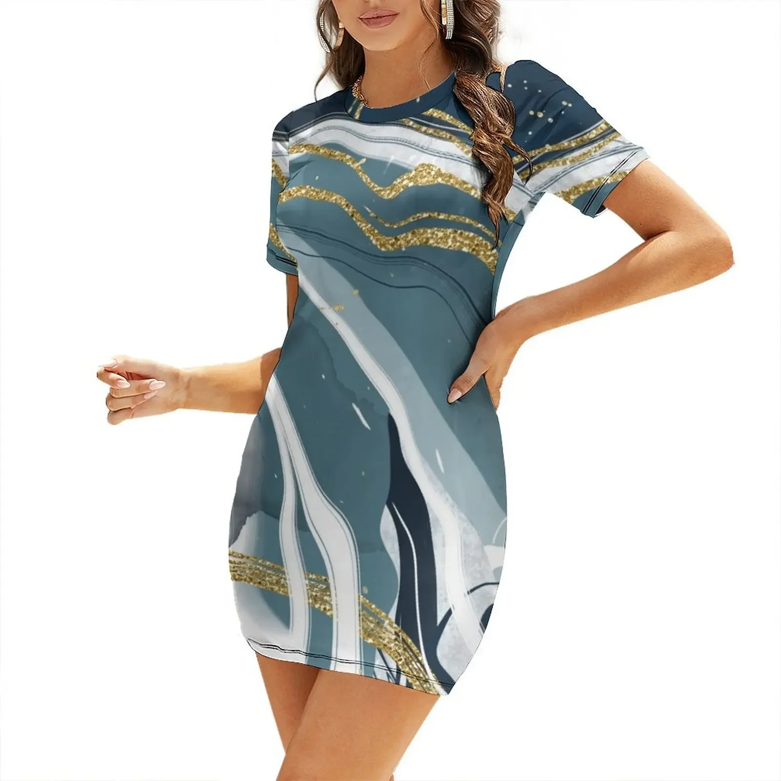 splash paint Blue and gold Short-Sleeved Dress birthday dresses for women woman dress Dress for girls women clothes
