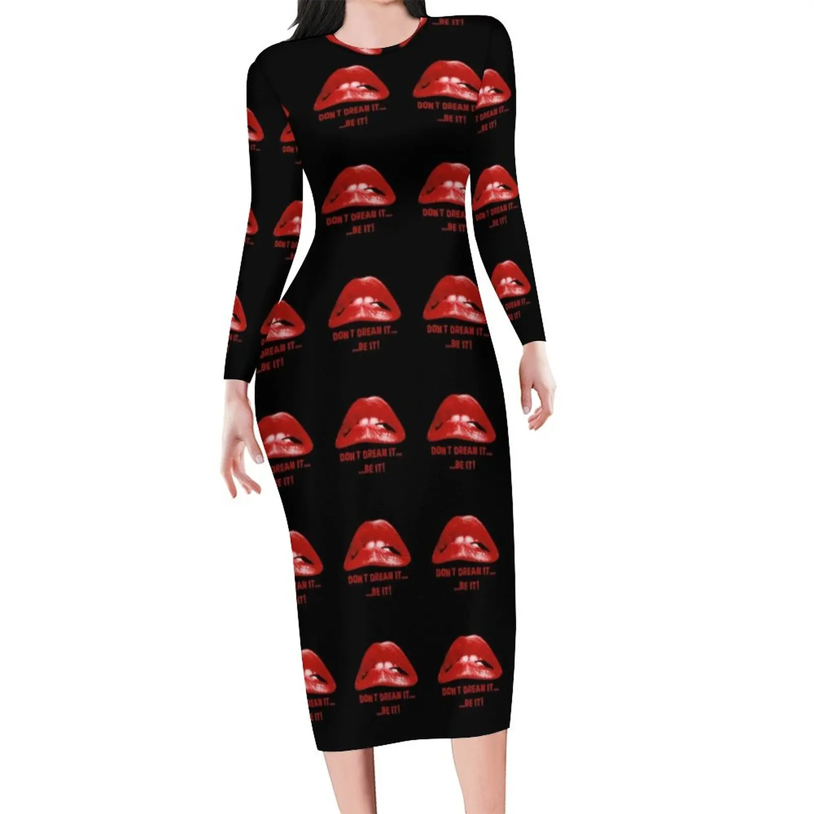 Lips Print Bodycon Dress Autumn Do Not Dream It Vintage Dresses Female Long Sleeve Printed Street Fashion Dress 3XL 4XL 5XL