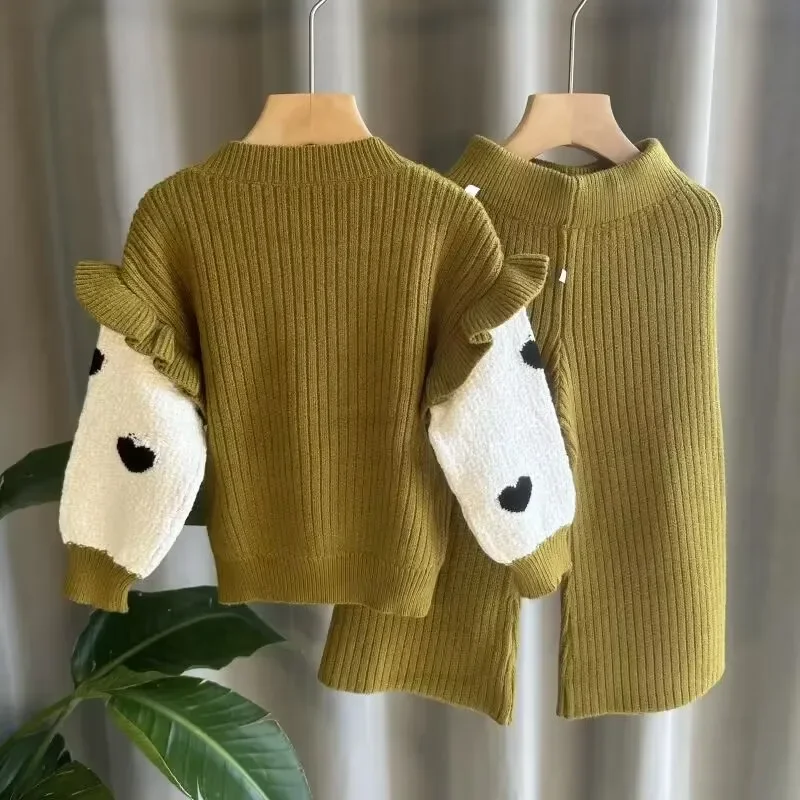 

Girl Baby Sweater Wide Leg Pants 2-piece Set Knitted Shirt Fashionable 2-piece Set Autumn Winter Children's Sweater Set New