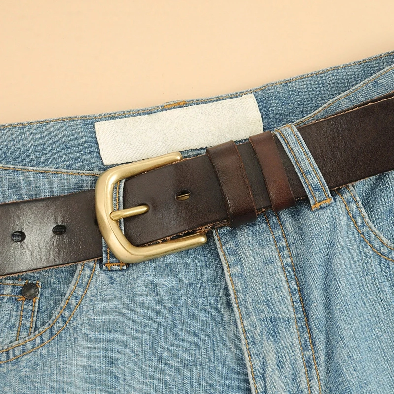 

Мужские повседневные брючные ремни из натуральной яловой кожи с медной пряжкой в стиле ретро, мужской ремень из натуральной кожи, модный дизайн, универсальный джинсовый ремень