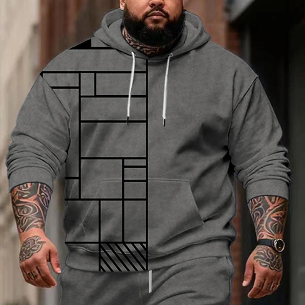 S-9XL Plus Size Big & Tall Hoodie-Set mit karierten Linien – 2-teilig, lässig, strapazierfähiger Stoff, lineare Drucke, geeignet für den täglichen Gebrauch