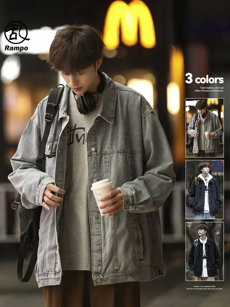 

Мужская джинсовая куртка Rampo Casual, осень 2024, свободный крой, в американском винтажном стиле, рабочая одежда, повседневный топ с пуговицами, декорированная, из стираного хлопка