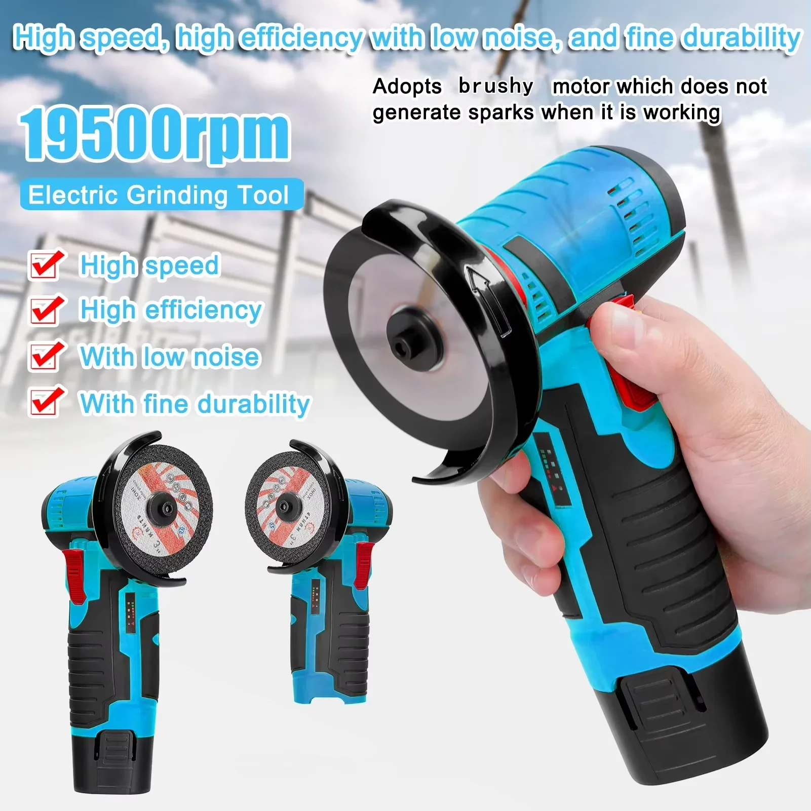 12V Mini Angle Grinder 19500RPM Cordless Rechargeable Handheld Grinding Tool Polishing Grinding Cutting Machine Power Tools