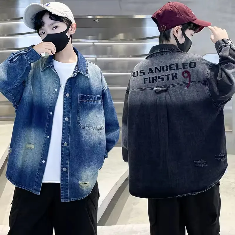 

Korean Loose Style Teenage Boys Vintage Gradient Blue Black Denim Jacket for Children's Cool Jeans Coat Spring Autumn Clothing