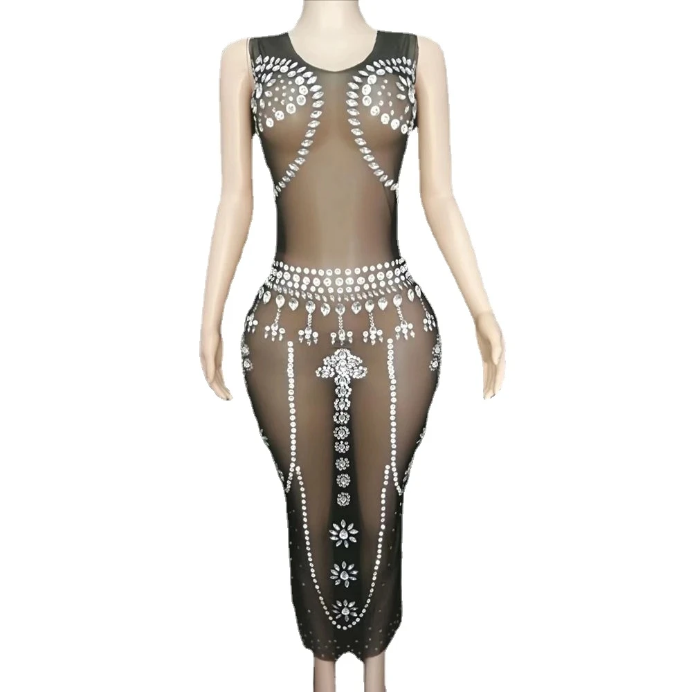 Luxus Sänger Outfit schwarz langes Kleid sexy ärmellose Mesh transparenten Abend feiern Geburtstags kleid Party Outfit Bühnen kleidung