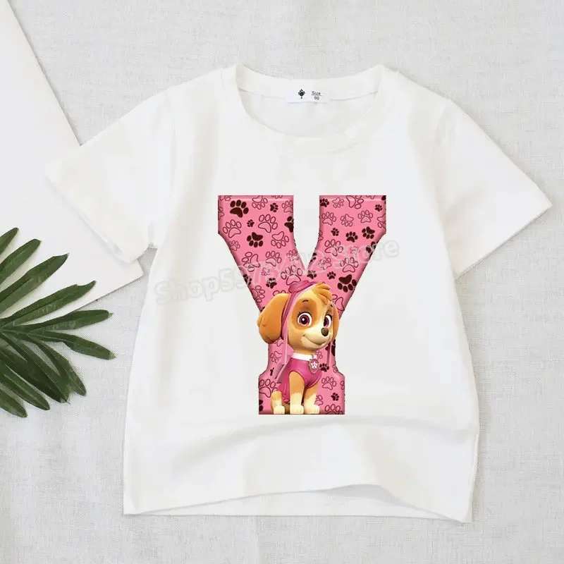 Paw Patrol Letter T-shirt Girls Clothes Kids Tops Cartoon Figure Skye Boutique Clothing Cute Short Sleeve Tees Christmas Gifts