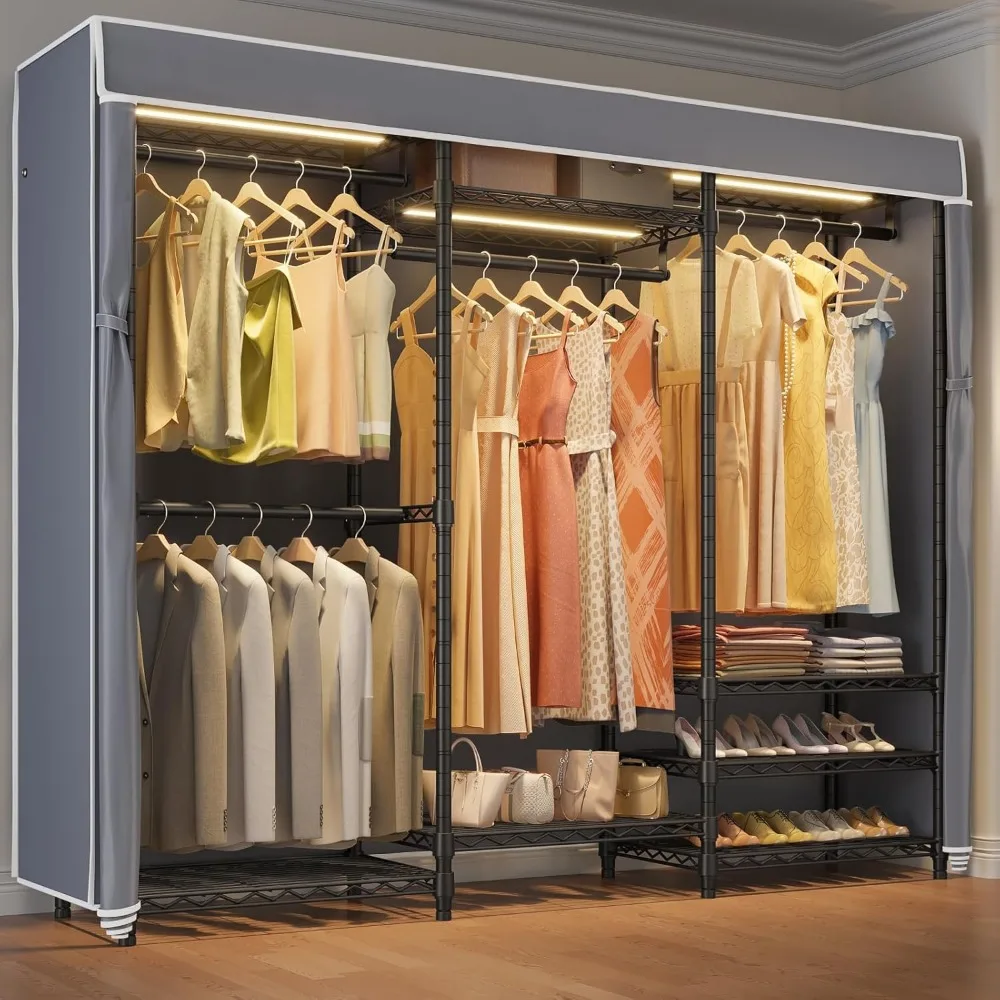 

Heavy Duty Covered Clothes Rack with Dimmable 3000K LED Lights, Portable Freestanding Wardrobe, Black/Grey