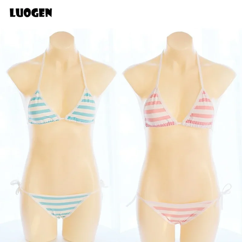 Cute & Sexy Anime Style Stripe Lingerie Bra Set String Tie Cosplay Lolita Blue Pink Underwear Bikini Bra and Panty Set Panties