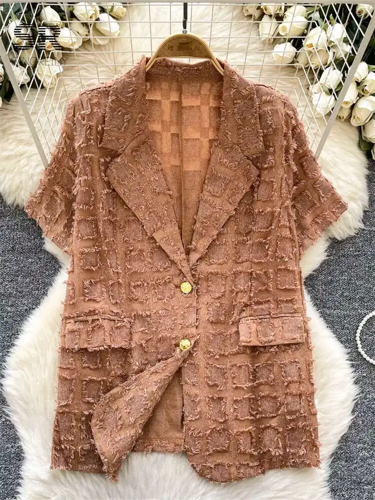 

BabYoung Frence Elegant OL Blouse Fluffy Tassels Plaid Design Short Sleeves Notched Shirt Women 2025 Summer Senior Chic Tops