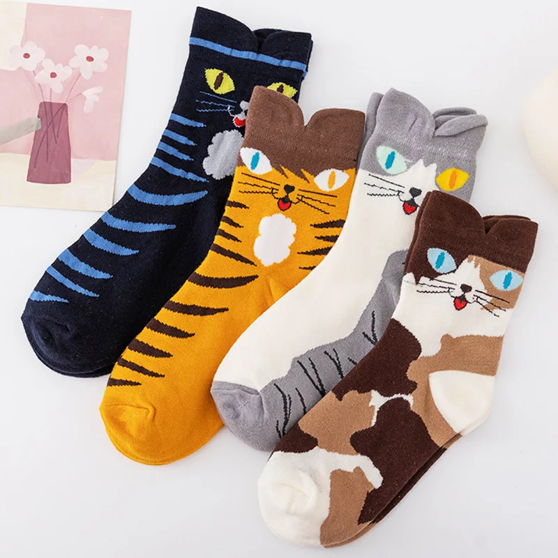 New Autumn Winter Warm Cute Cat Ear Socks Cartoon Animals Patterns Funny Socks Women\'s Pure Cotton Cat Eye Middle Tube Sock