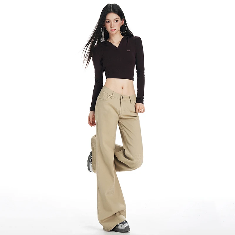 2025 Jeans invernali in peluche americano kaki nostalgico a gamba larga Gamba dritta Look ampio Pantaloni micro svasati dimagranti