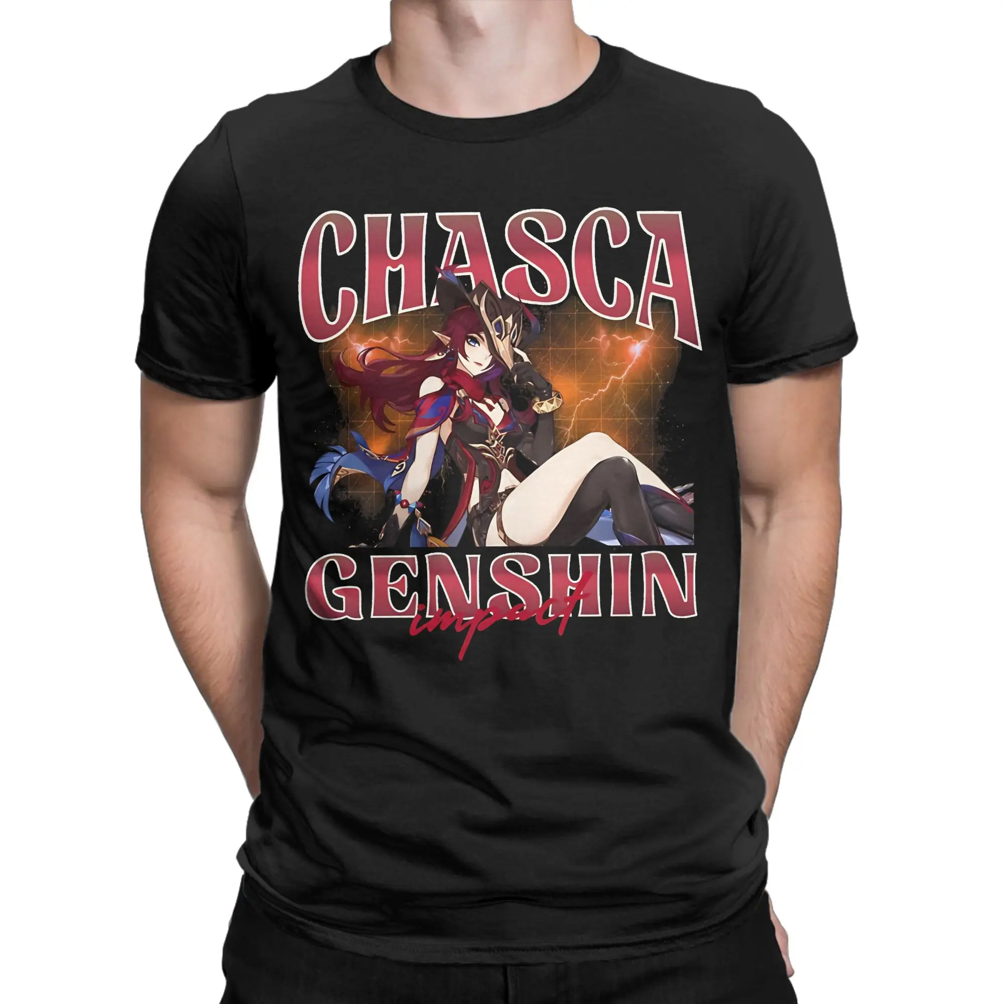 Chasca Genshin Impact T Shirts Men Cotton Vintage T-Shirts Round Collar  Tees Short Sleeve Clothing Printed