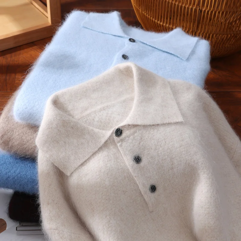 Autumn Winter New Men's Mink Cashmere Lapel Pullover T-Shirt Polo Collar Solid Color Wool Knitted