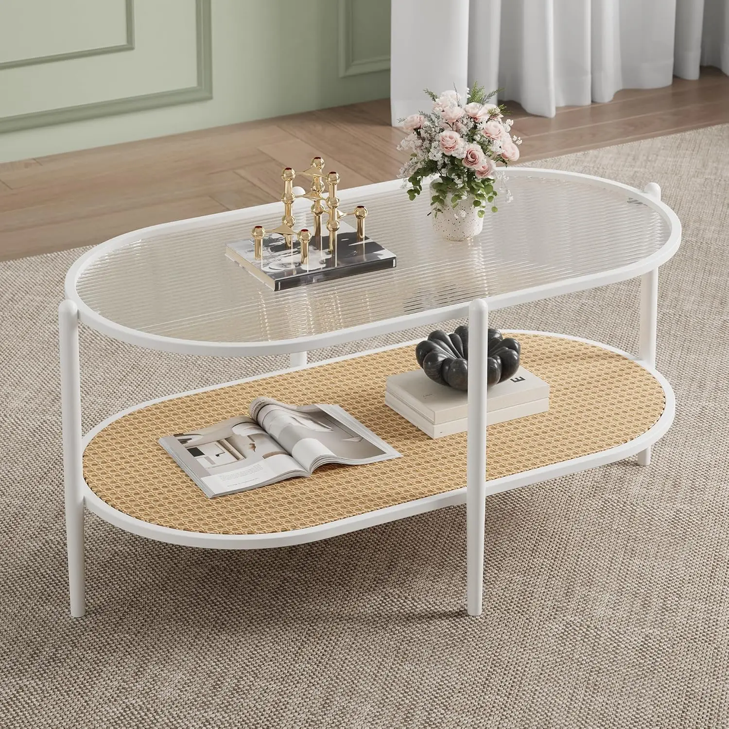 2 Tier Oval Rattan Coffee Table, Boho Center Table with Glass Top, Metal Frame & Storage Shelf, Farmhouse Accent Table for Livin