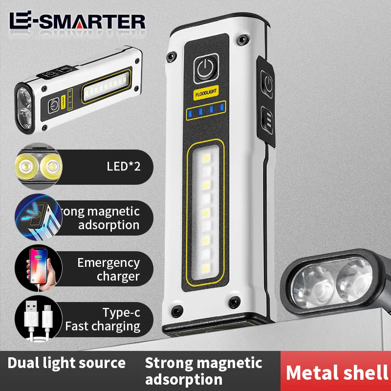 Mini Multi-function Flashlight Dual LED Source Working Light Type-C RechargeableTorch Strong Magnet Emergency Power Bank Lantern