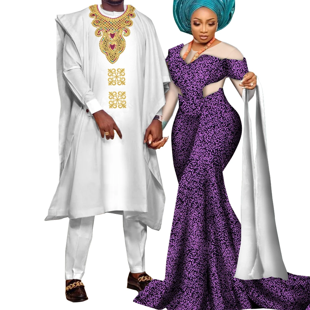 

African Couple Clothes Party Dresses for Women Riche Men Print Robe Shirt with Trousers Suits Sets Wedding Clothing Wyq922