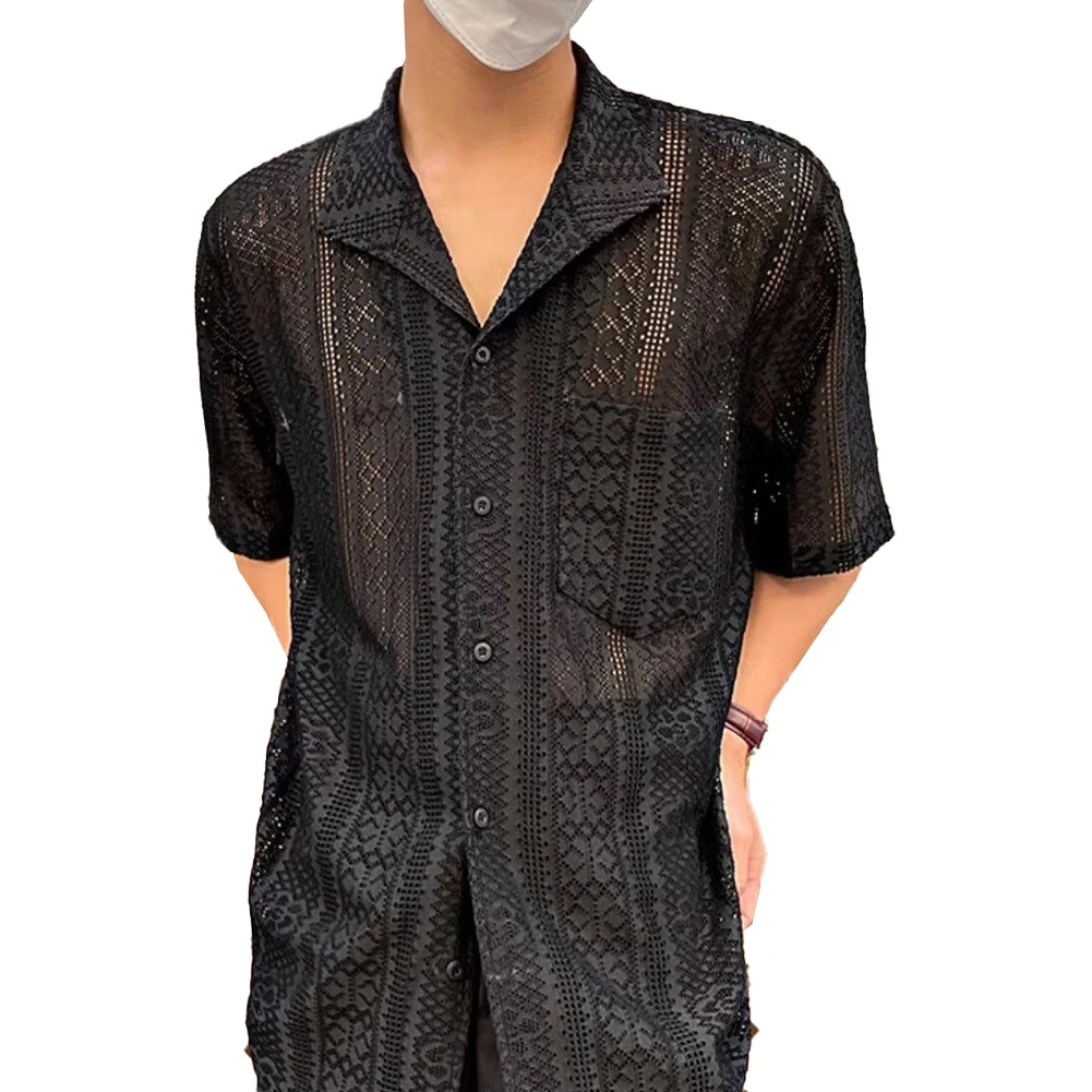 

Comfy Fashion Hot New Stylish Men Shirt Short Sleeve Solid Color Tee Tops Transparent Blouse Casual Hollow Out