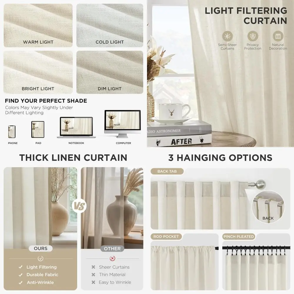 

Полузатемняющие шторы в стиле фермерского дома из льна и полиэстера цвета слоновой кости, длина 108 дюймов, комплект из 2 панелей для гостиной