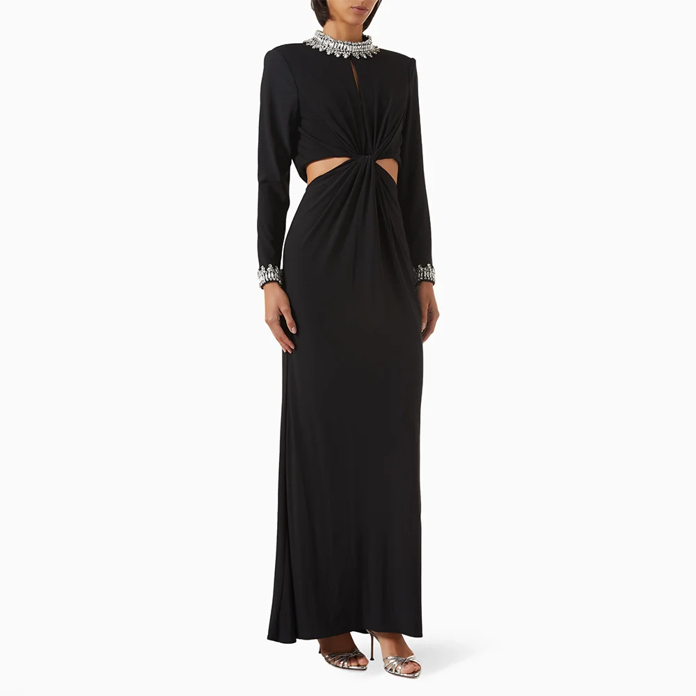 

Customized Black High Collar Long Evening Dresses Elegant Formal Occasion Prom Gowns Bead Crystal Ankle Length Prom Dresses