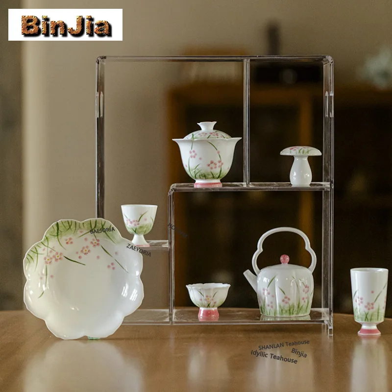 BAEJORIA 155ml Hand-painted Pink Grass Teapot Vintage Pumpkin Lifting Handle Pot Household Tea Soaking Kettle Tea Services
