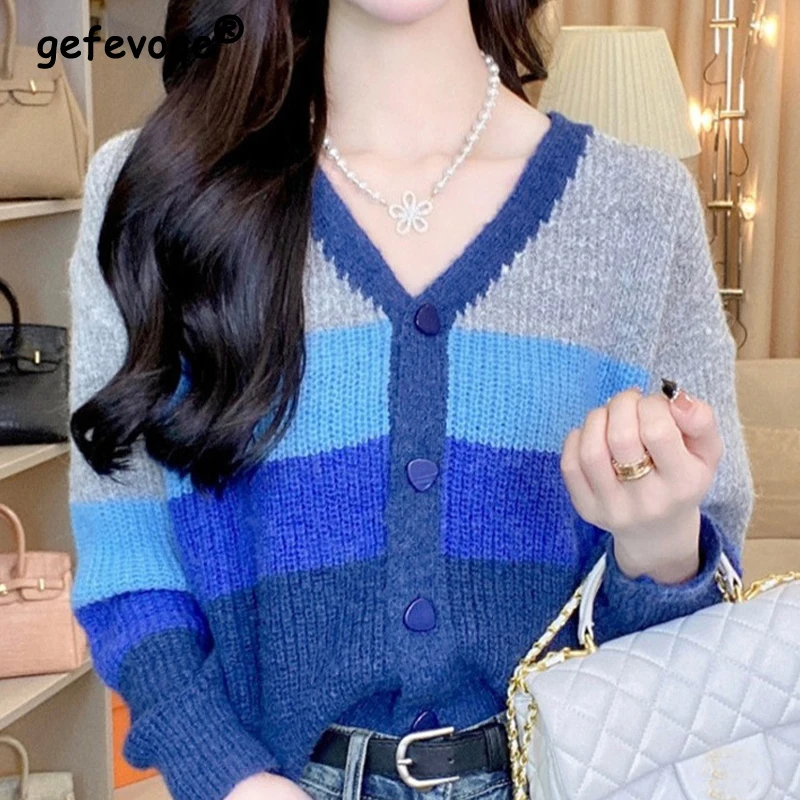 Women Clothing 2024 Spring Autumn Korean Fashion Striped Patchwork Knitted Cardigan Casual V Neck Long Sleeve Chic Sweater Coats