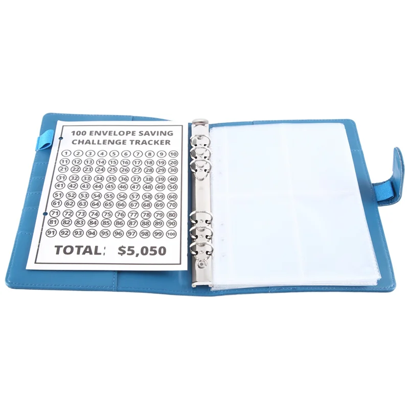 Classeur de défis d'enveloppe A59E-100, classeur de défis d'épargne de page en direct, classeur de budget, façon facile et amusante d'économie d'argent (bleu)