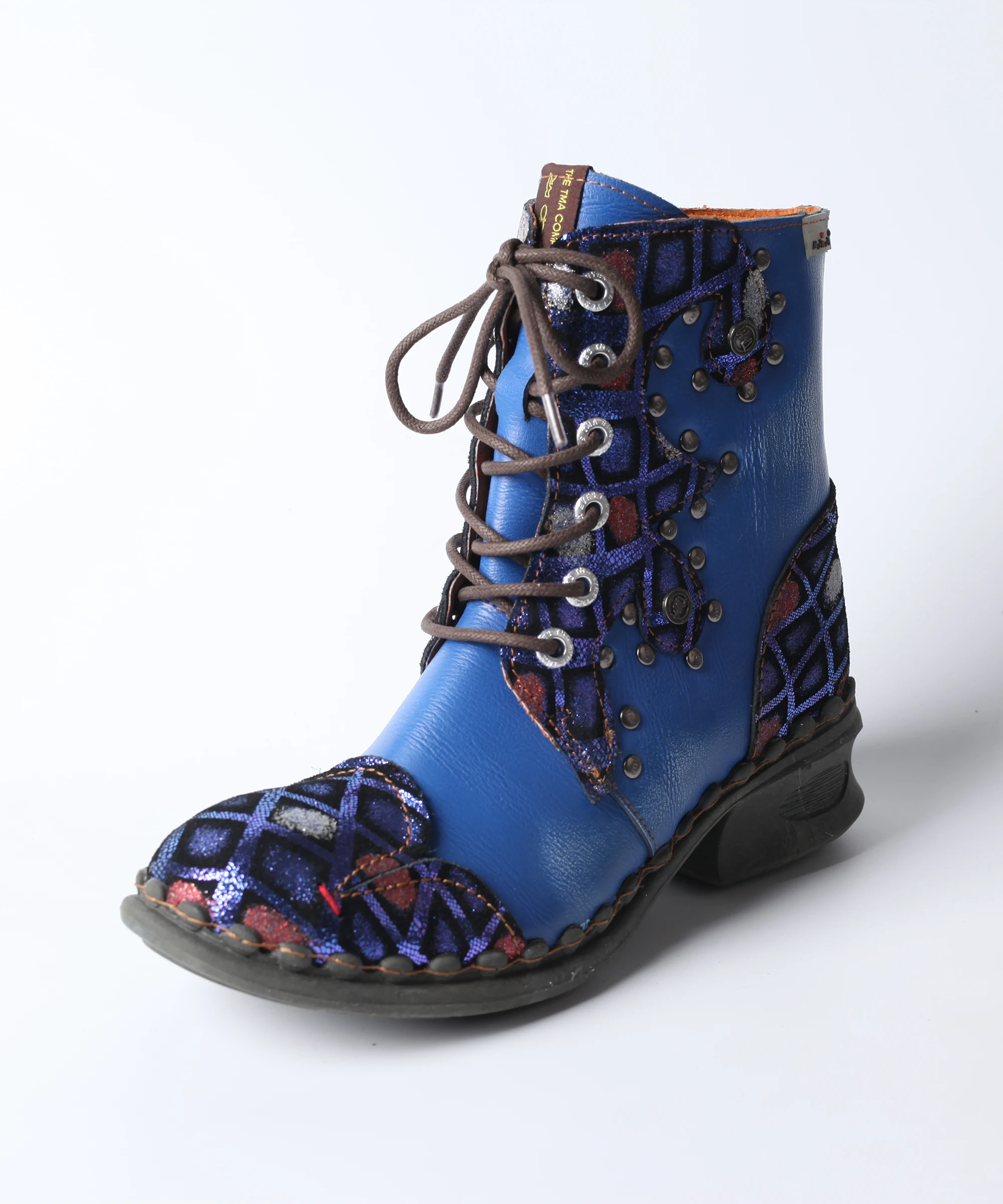 TMA EYES Spring and Autumn Women's Plaid Patchwork Cross Lace-up Boosted Boots