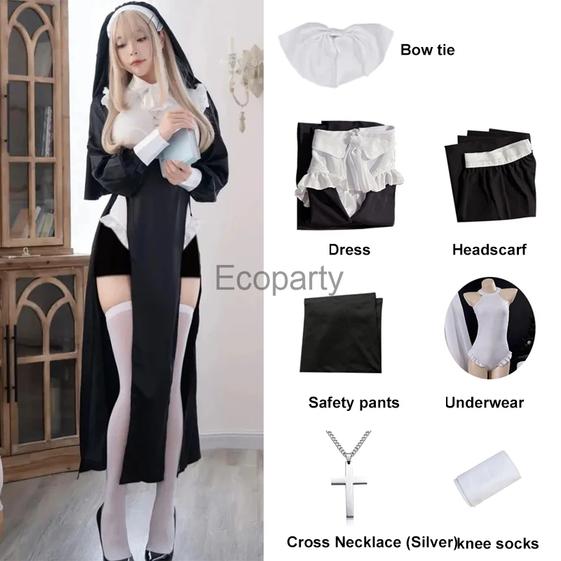 2024 Nun Cosplay Costume Women Fancy Dress Set Halloween Party Roleplay Outfit Adult Nun Dress Black Fancy Cosplay Dress Up