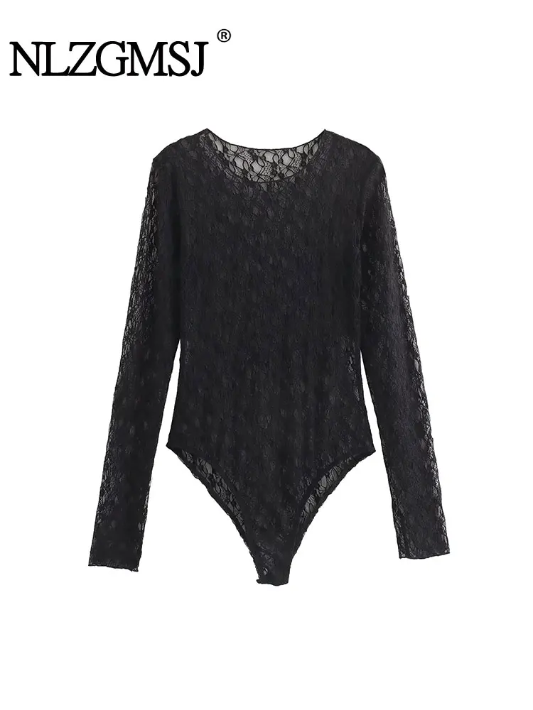 

TRAF 2024 Spring Autumn Woman Lace Bodysuit Fashion Long Sleeve Vintage O-Neck Causal Elegant Jumpsuit Slim Tops