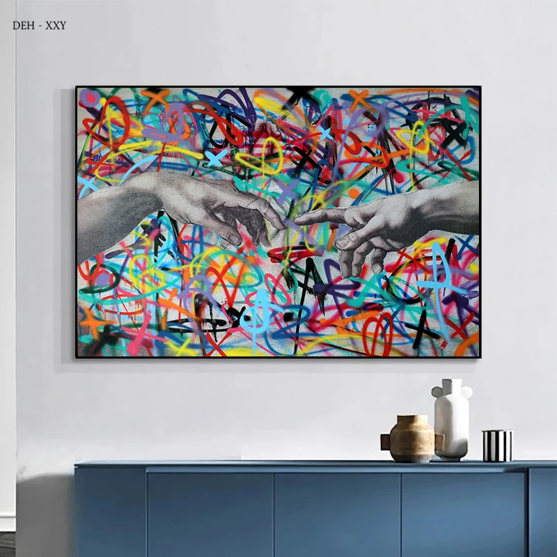 

Graffiti The Creation of Adam Famous Art Canvas Paintings Poster Hand To Hand Street Art Wall Pictures for Modern Home Decor